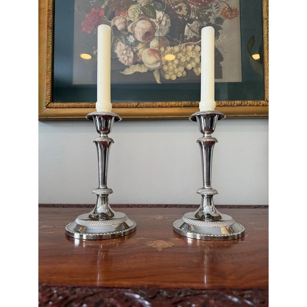 Vintage‎ Silver Plate Candlestick Pair • Neoclassical Taper Holders 7.75